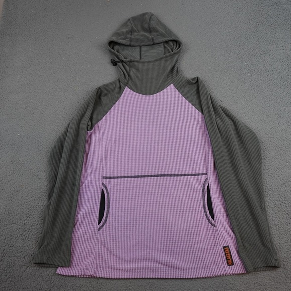 Melanzana Hoodie Womens Large Purple Gray Micro Grid Fleece Pullover Hiking